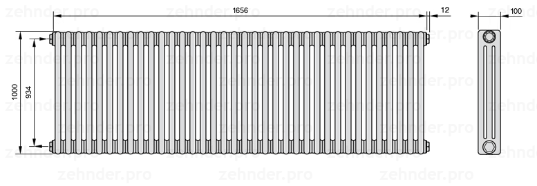 Схема (чертеж) Радиатор Zehnder Charleston 3100/36 №1270 Белый глянцевый RAL 9016